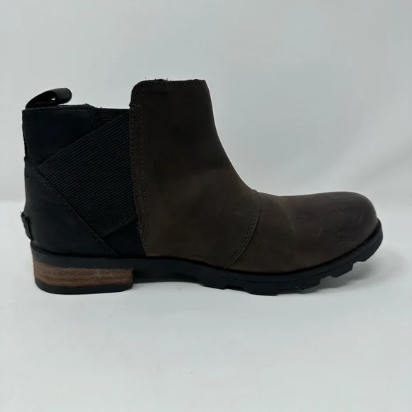 Sorel Womens Size 7 .5 Emelie Chelsea Boots Quarry Black Leather Waterproof Shoe - Picture 2 of 12